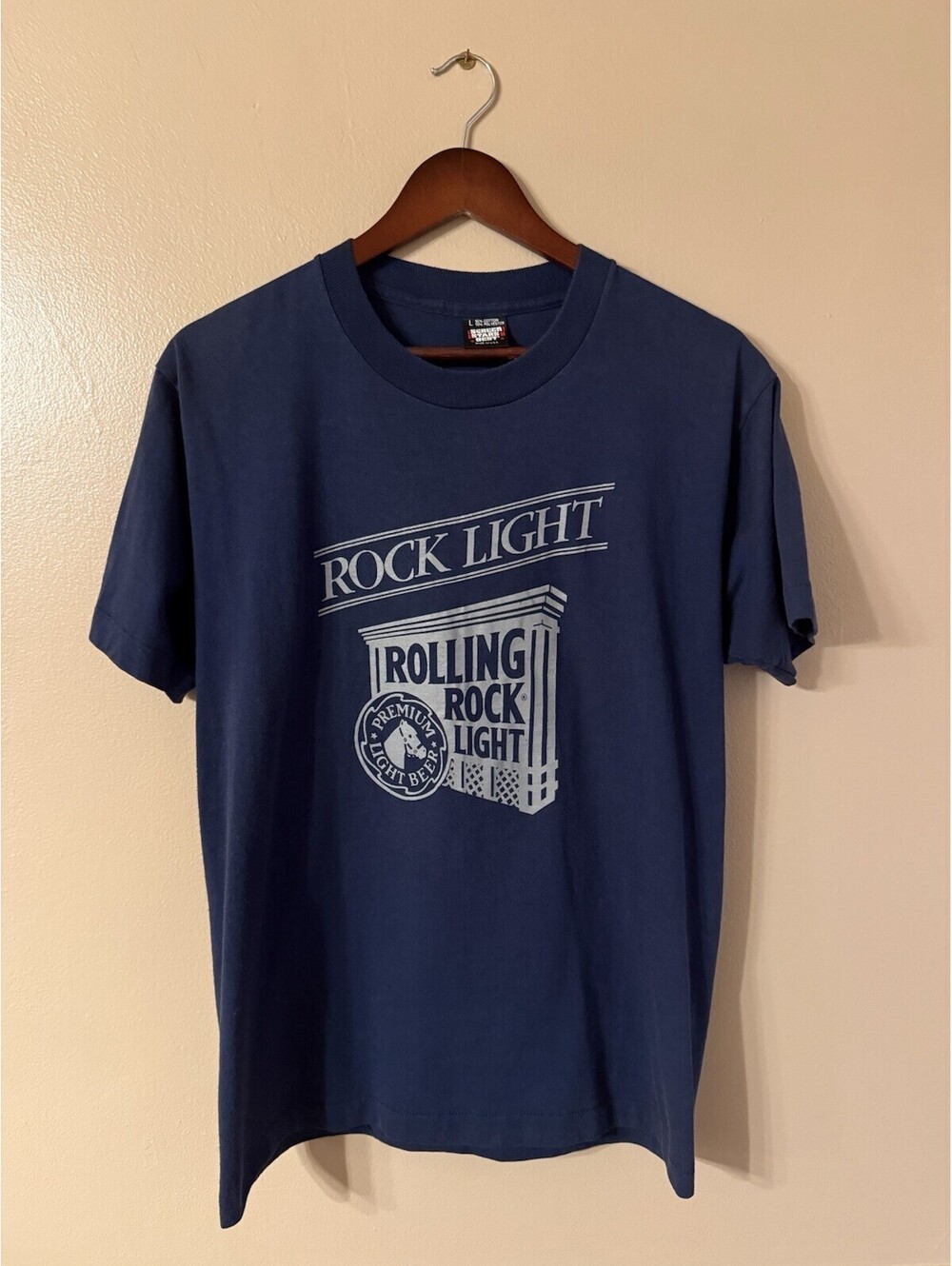 Vintage Rolling Rock Light Screen Stars T Shirt Size L Blue Single Stitched USA